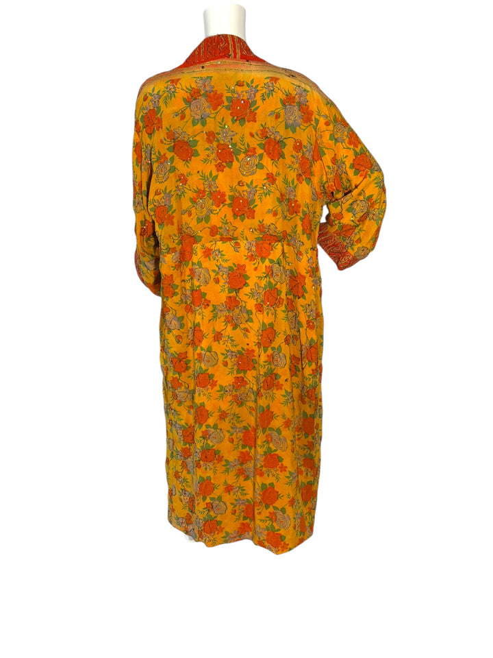 Outside back view of reversible kimono in yellow and orange flowered vintage silk with gold embroidery