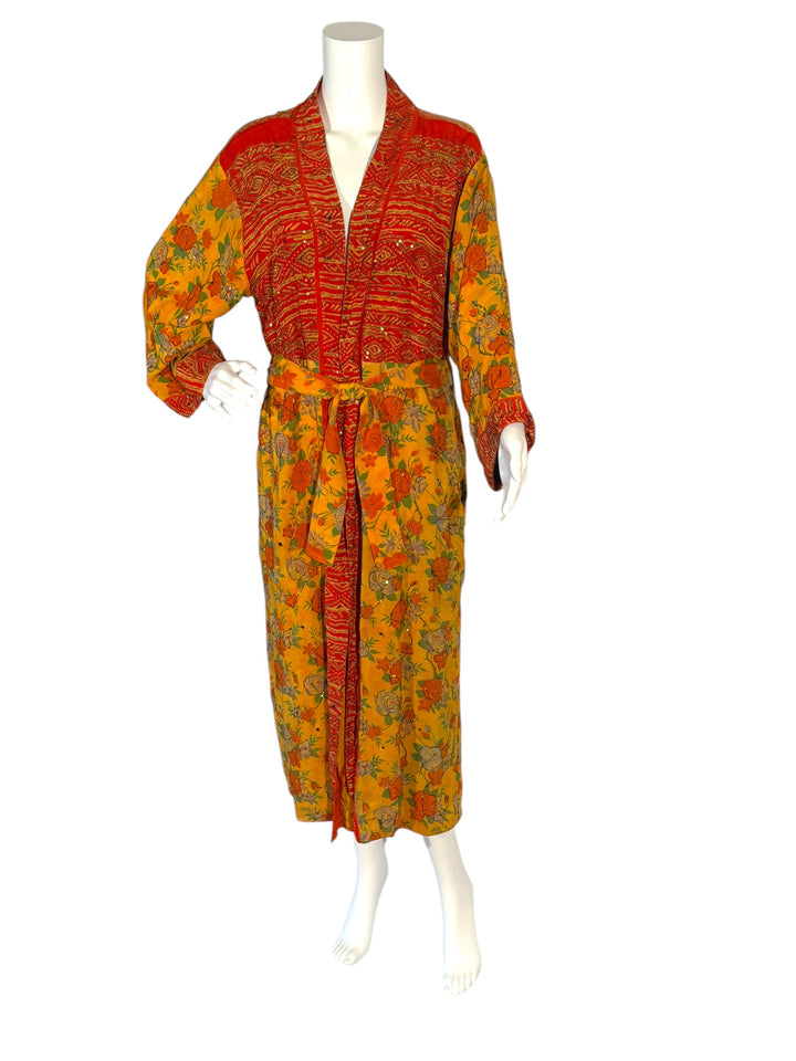 Outside front view of reversible kimono in yellow and orange flowered vintage silk with gold embroidery