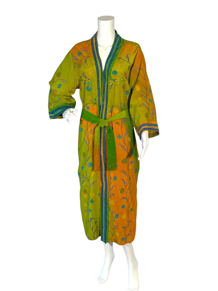Front outside view of reversible kimono in green and orange floral with metallic embroidery
