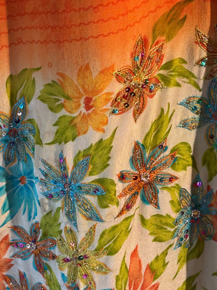 Orange and cream floral vintage silk with embroidery