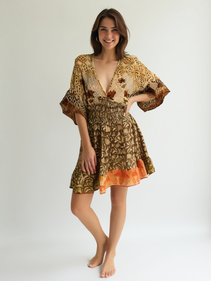 Model wearing Silk Ranch Sofia Dress #151 in tan vintage silk with print