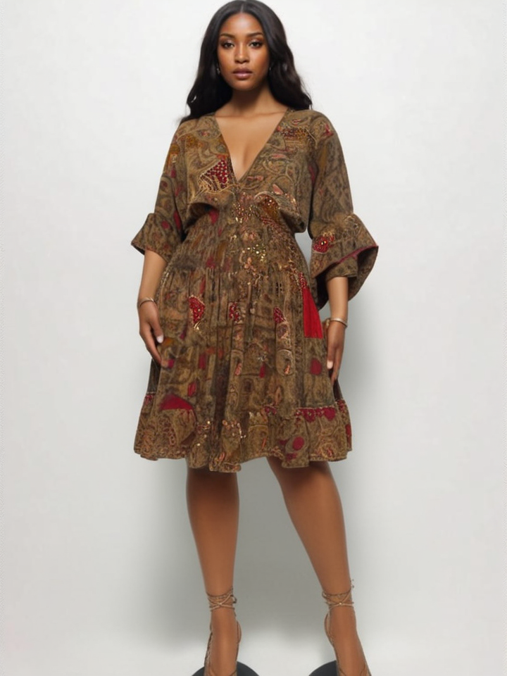 Model wearing Silk Ranch Sofia Dress #155 in brown and red vintage silk with print and embroidery