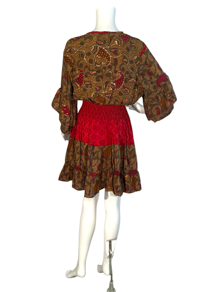Sofia dress 155 back view on mannequin in brown vintage silk