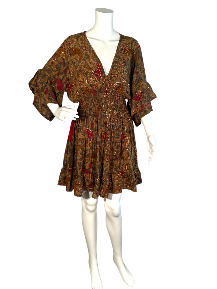 Sofia dress 155 front view on mannequin in brown vintage silk
