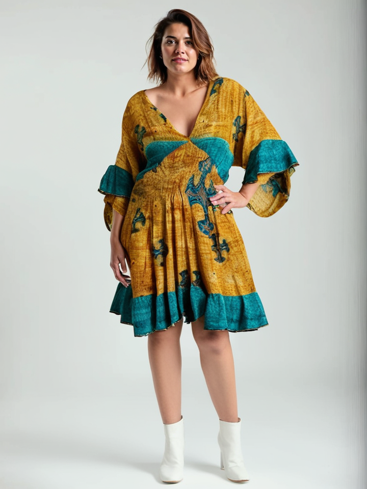Model wearing Silk Ranch Sofia Dress #150 in Yellow vintage silk with print and embroidery