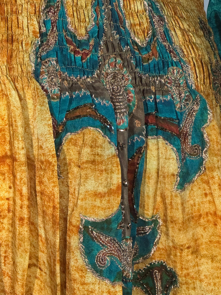 Yellow vintage silk with dark blue design and metallic embroidery