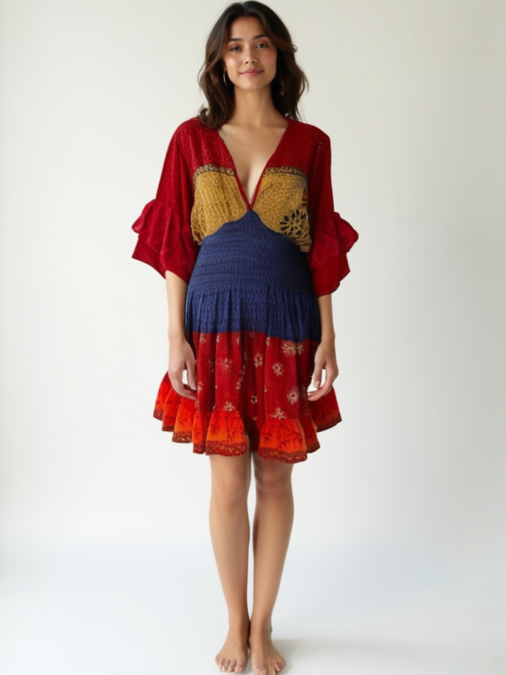 Model wearing Silk Ranch Sofia Dress #159 in red, yellow and blue vintage silk with print and embroidery