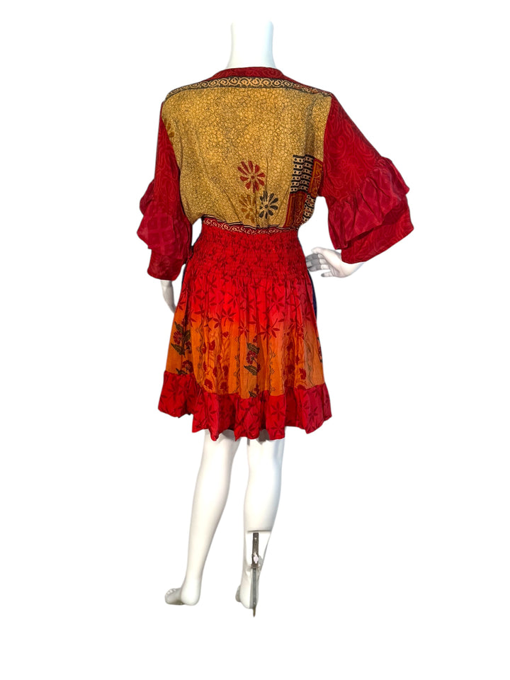Sofia dress 159 back view on mannequin in re vintage silk and blue and yellow vintage silk
