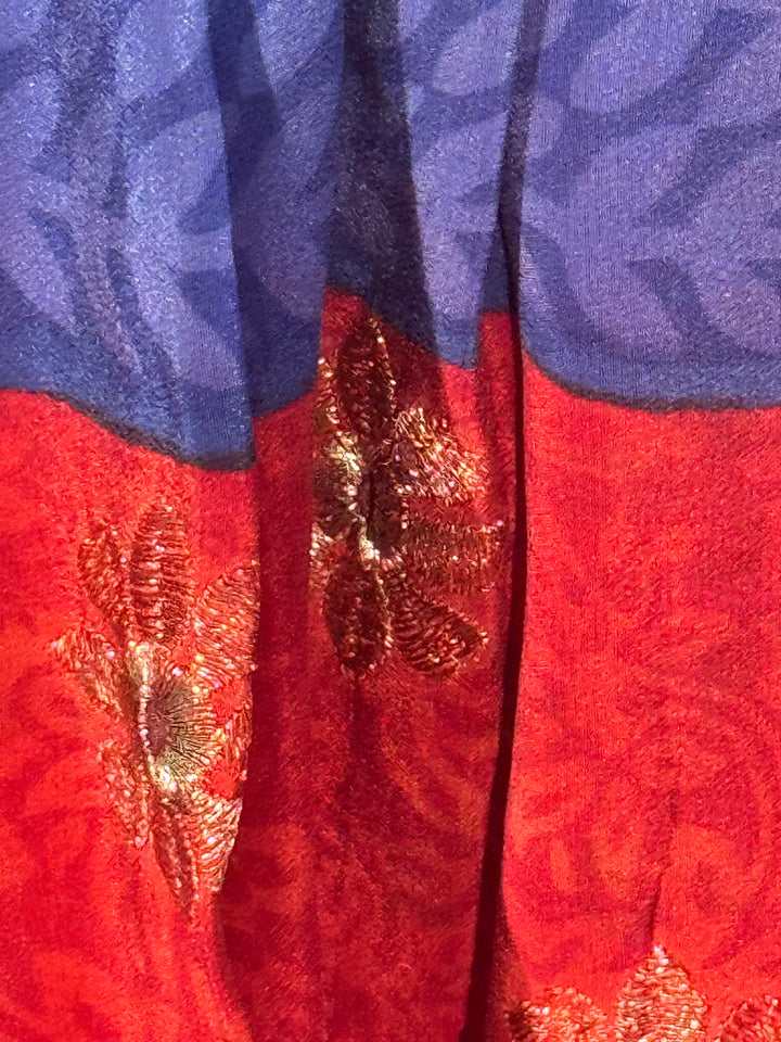 Red and blue vintage silk with embroidered flower