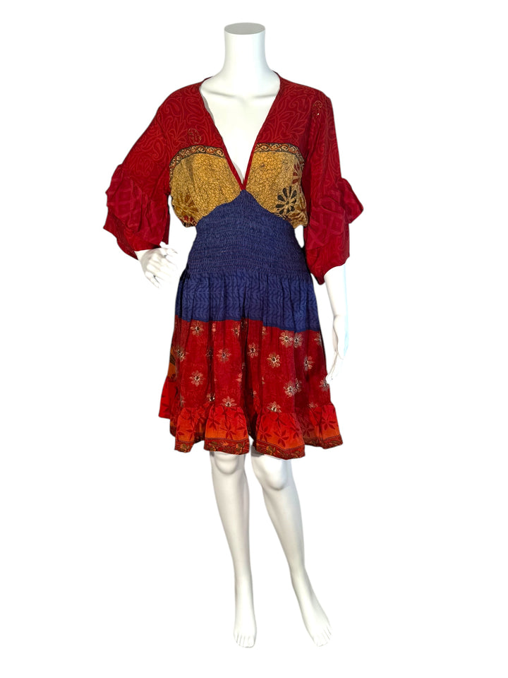 Sofia dress 158 front view on mannequin in Red adn blue vintage silk