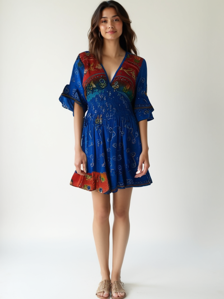 Model wearing Silk Ranch Sofia Dress #172 in blue and red vintage silk with print and embroidery