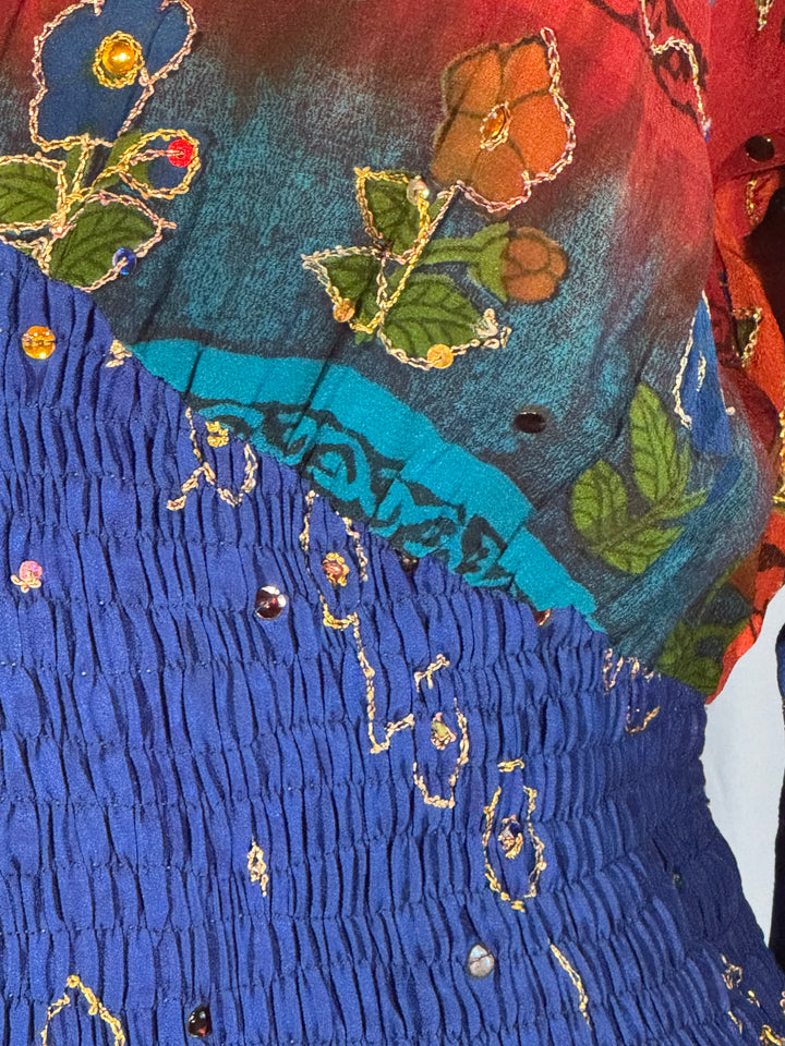 Blue and red embroidered vintage silk