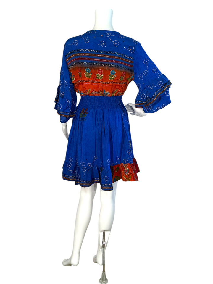 Sofia dress 172 back view on mannequin in blue and red embroidered vintage silk