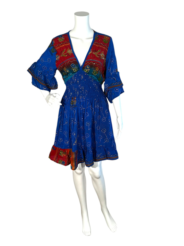 Sofia dress 172 front view on mannequin in blue and red embroidered vintage silk