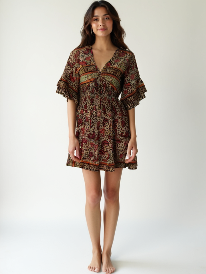 Model view of Sofia dress  177 in red and tan print vintage silk