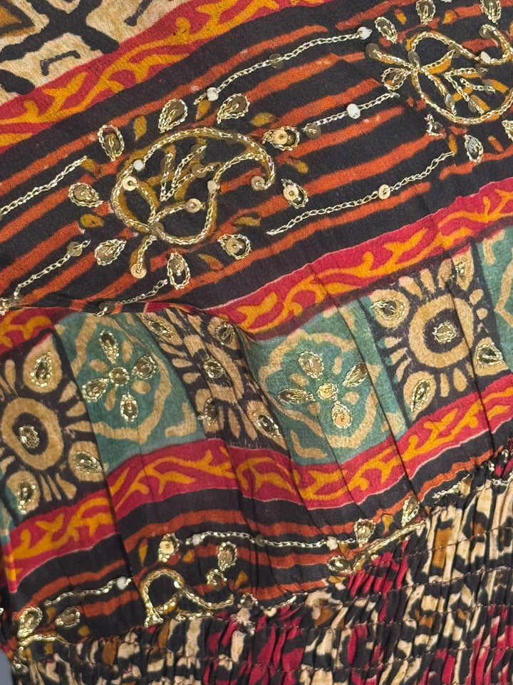 Red, tan and orange graphic print vintage silk with gold embroidery