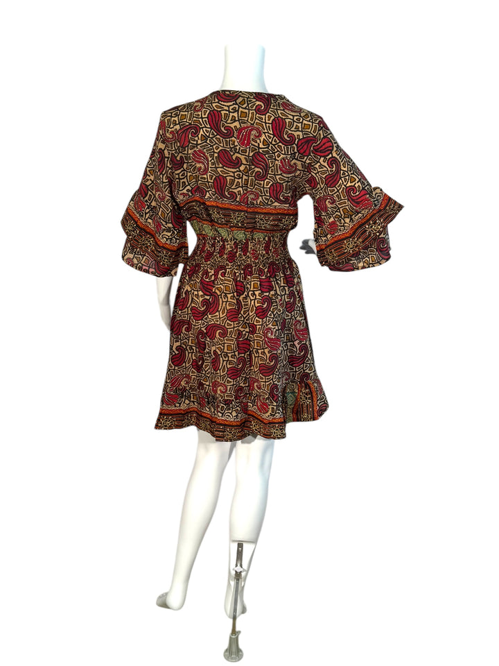 Back view of Sofia dress  177 in red and tan graphic print vintage silk