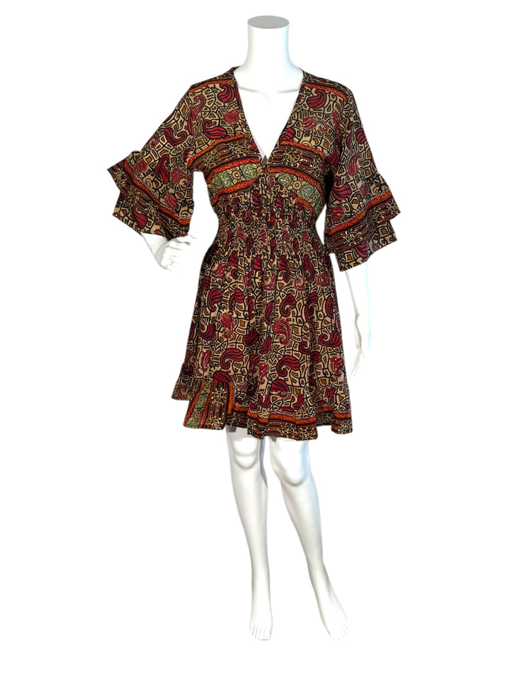 Front view of Sofia dress 177 in red and tan graphic print vintage silk