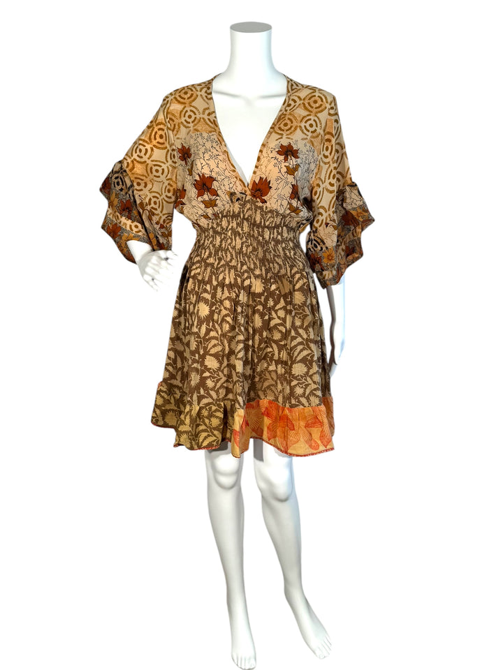Sofia dress front view on mannequin in bright floral vintage silk
