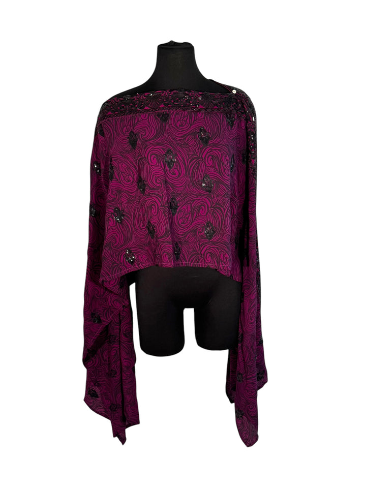 Sideways view of vintage silk Willow Wrap in Purple with black sequins