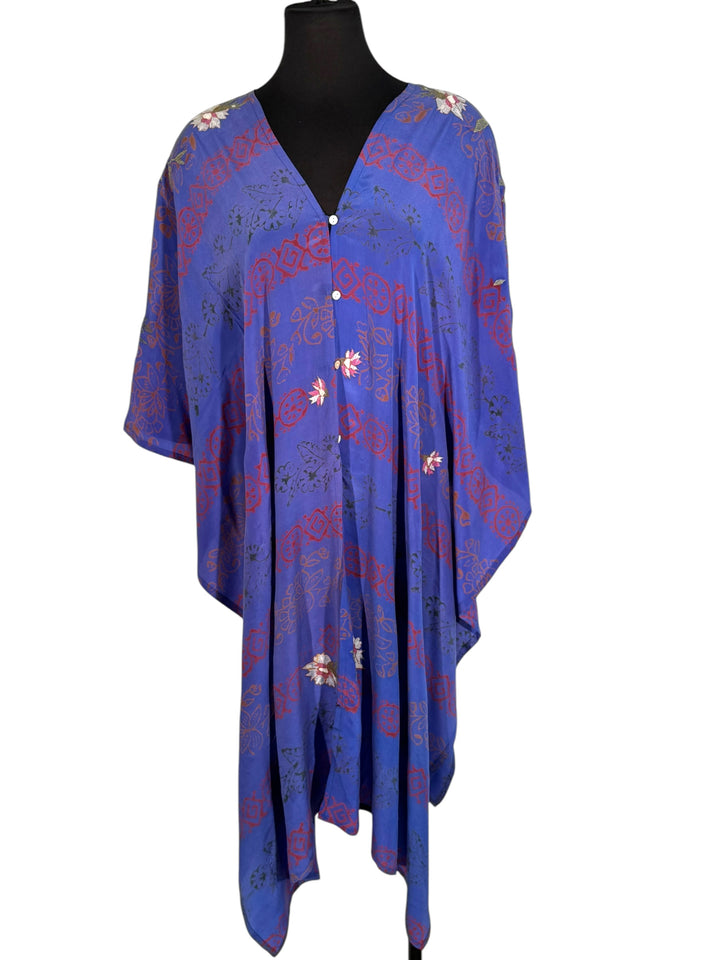 Front view of vintage silk Willow Wrap in rich blue with red and embroidered flowers