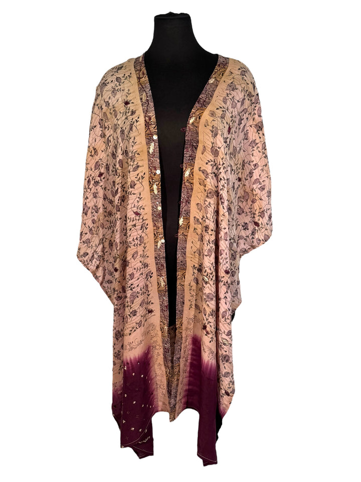 Front view of vintage silk Willow Wrap in pale pink with floral print and sequins