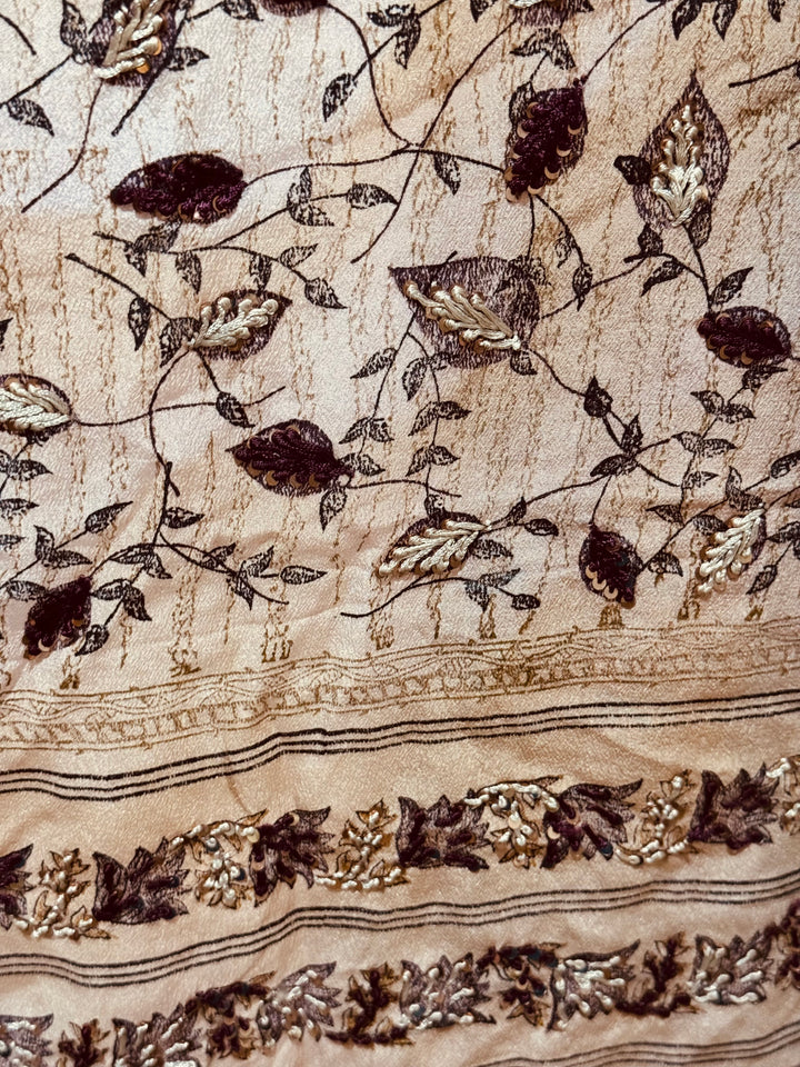 Detail view of vintage silk Willow Wrap in pale pink with floral print and sequins