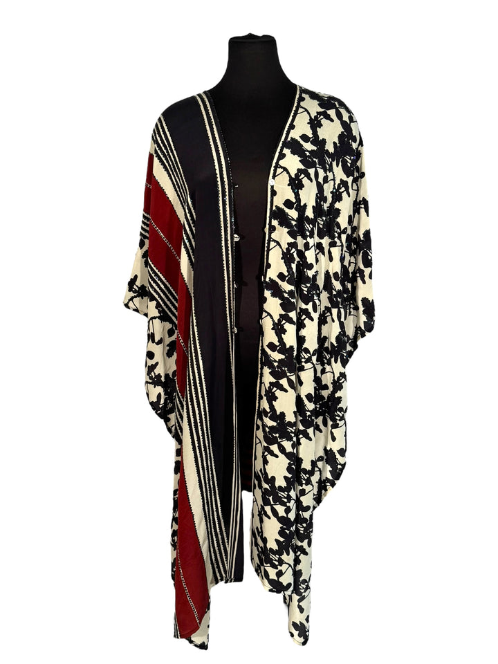 Front view of vintage silk Willow Wrap in Black, cream and red with floral and stripe print and black sequins