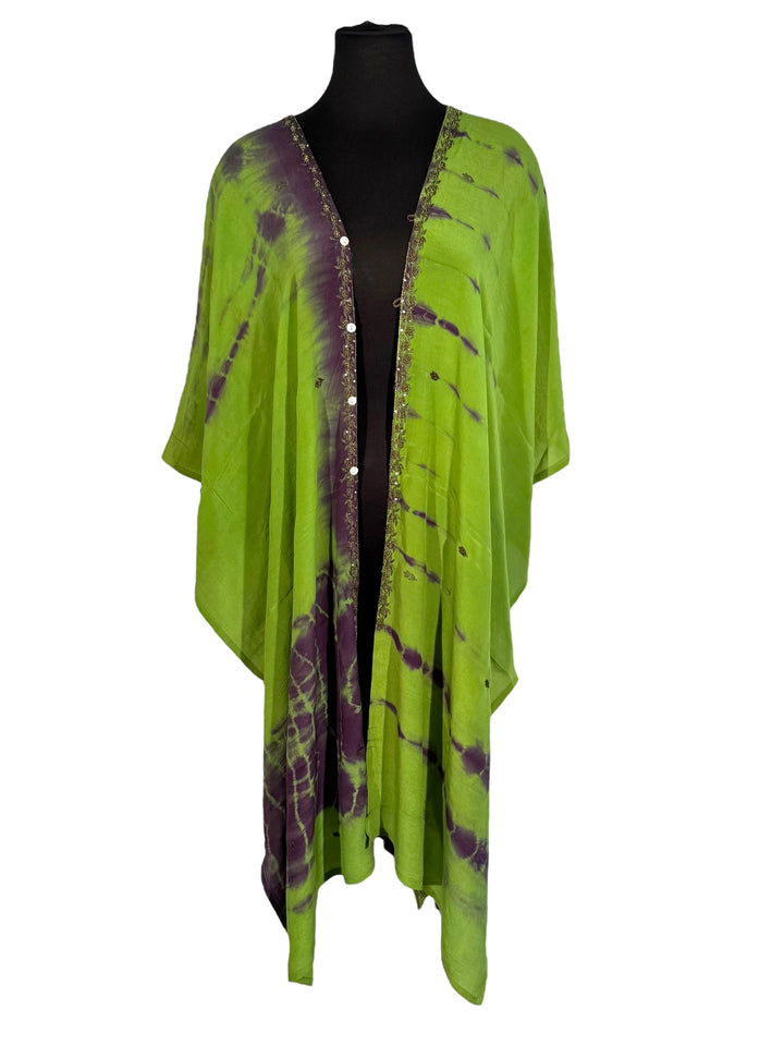 Back view of vintage silk Willow Wrap in bright green dip-dye with gold embroidery
