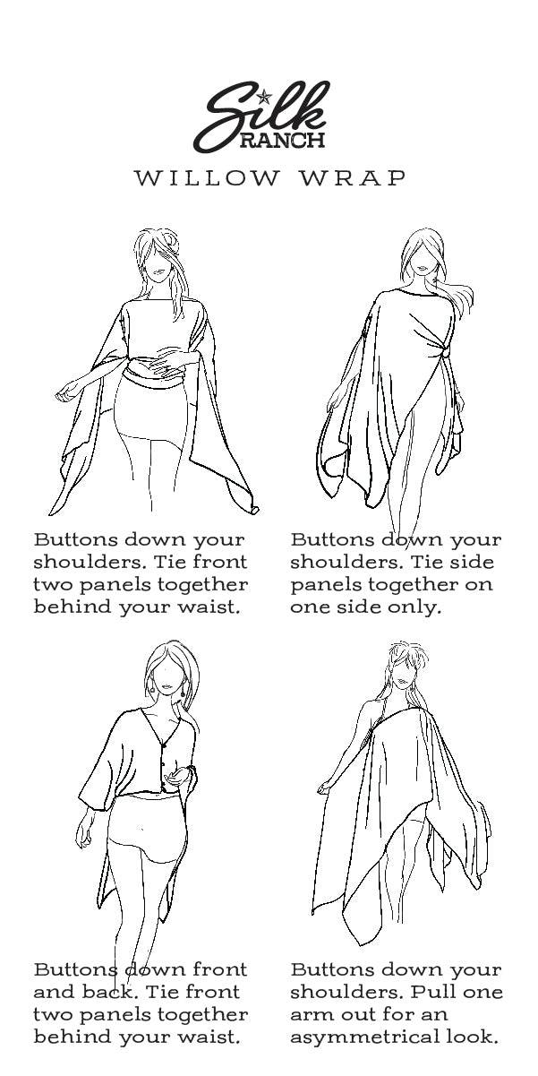 Four panels showing different ways to style the Silk Ranch Willow Wrap.