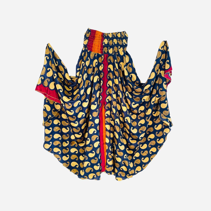 39" length palazzo pant in navy and gold print on sustainable silk blend