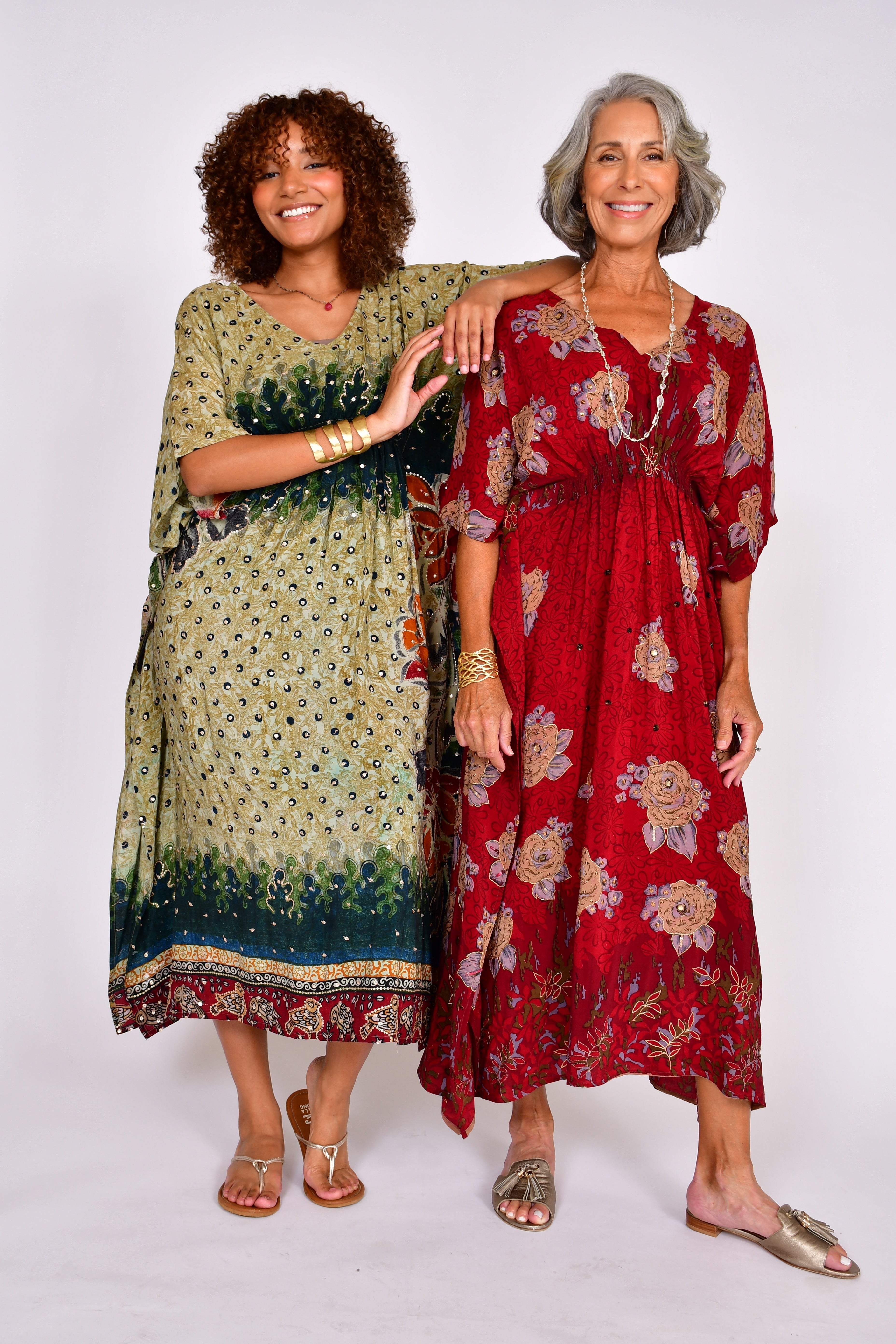 100% Vintage Silk kaftan.  Each dress is one-of-a-kind in colorful, up-cycled silk.