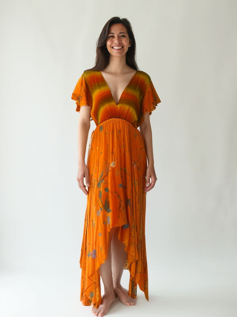 AI Model wearing Emily dress #160 in orange floral vintage silk