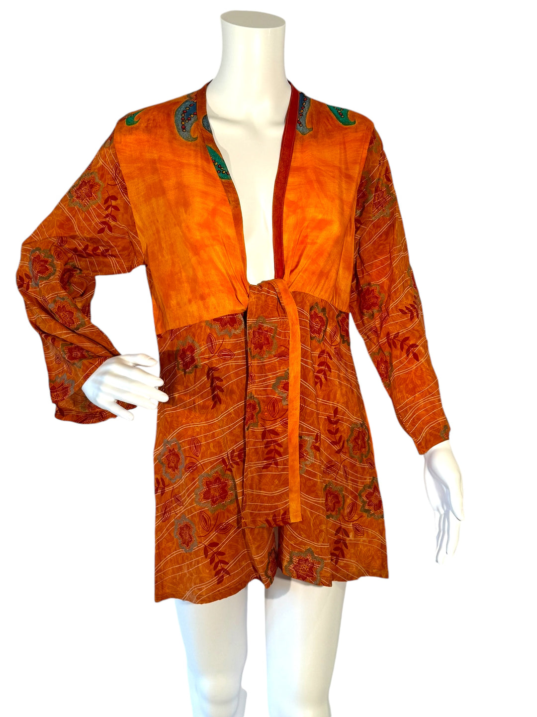 Front view short tie kimono jacket in vintage silk in orange with green print