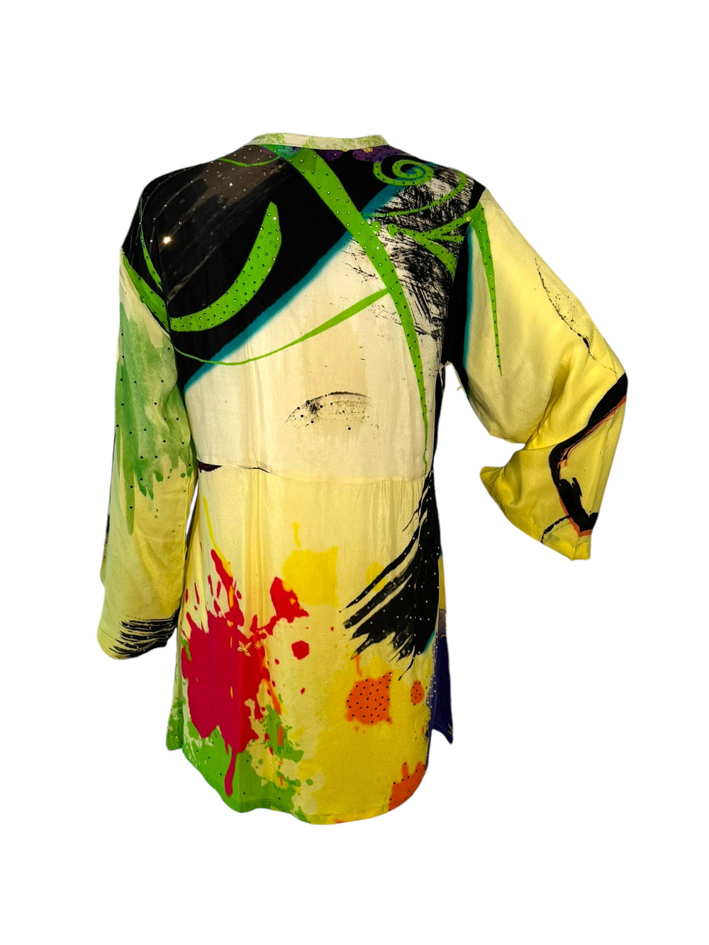 Front view short tie kimono jacket in vintage silk in yellow with black green and red bold print