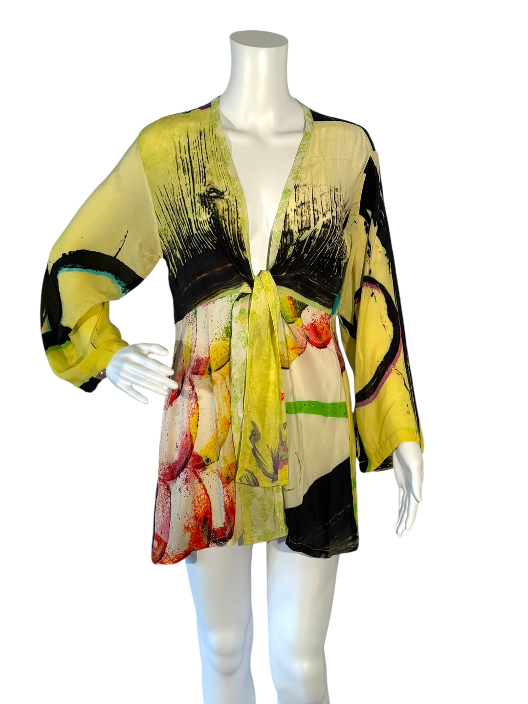 Front view short tie kimono jacket in vintage silk in yellow with black and red print