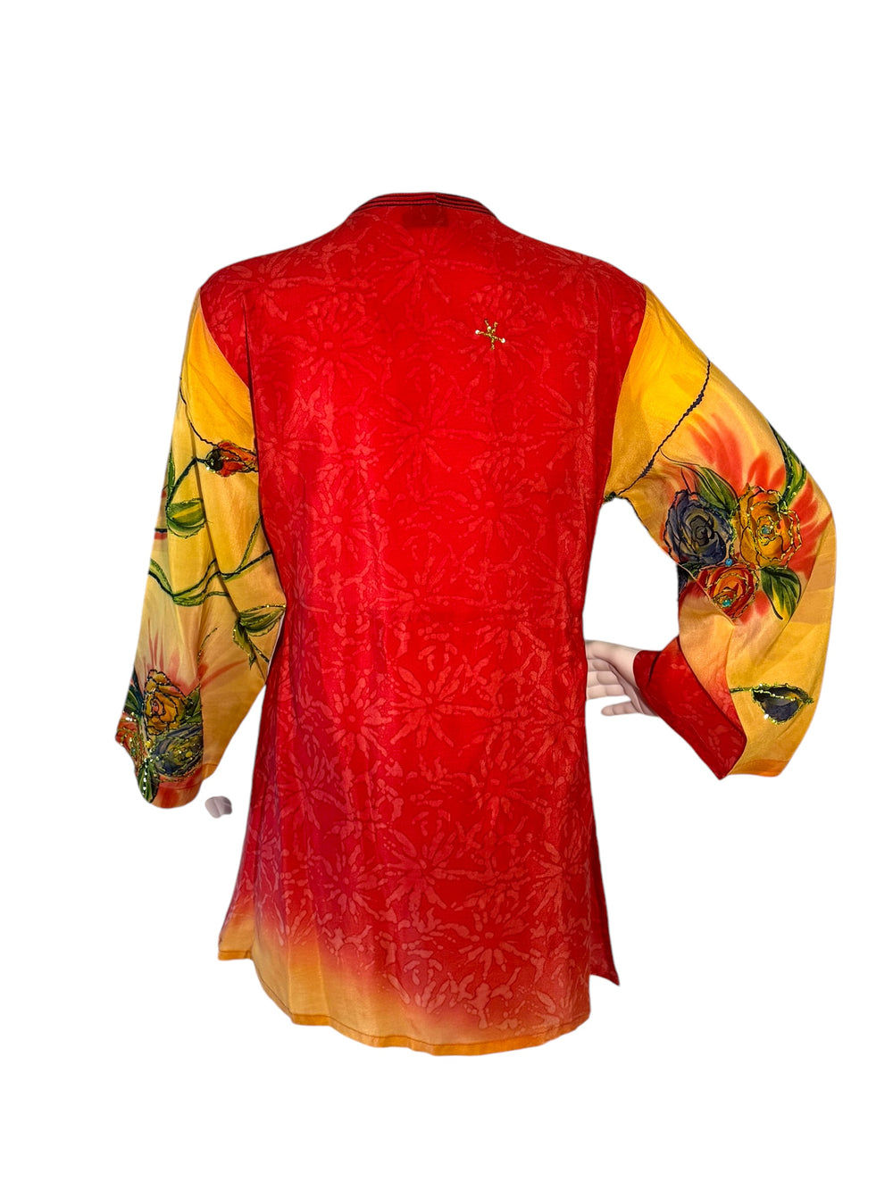 Front view short tie kimono jacket in vintage silk in red with yellow sleeves and bold florals