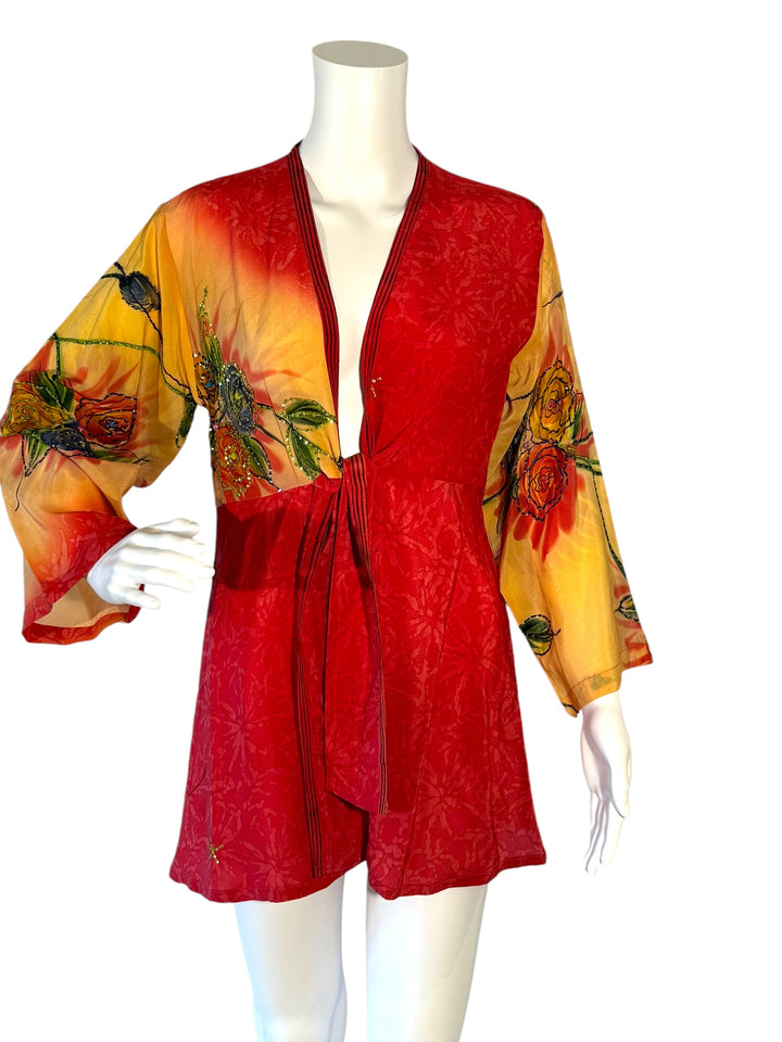 Front view short tie kimono jacket in vintage silk in red and yellow with bold flowers