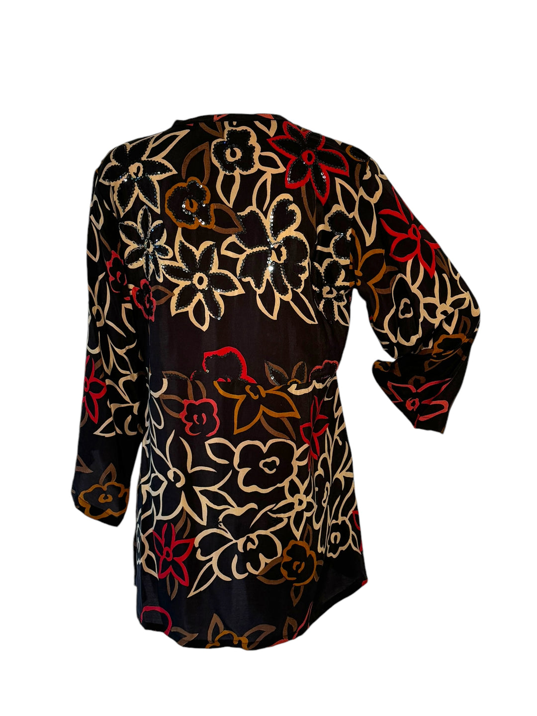 Back view short tie kimono jacket in vintage silk in black with red and tan flower print