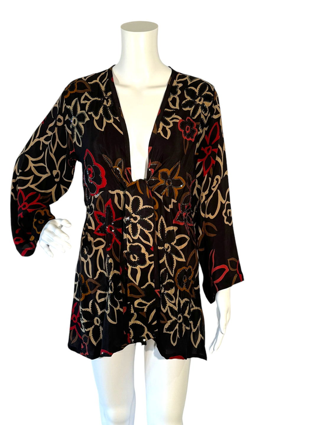 Front view short tie kimono jacket in vintage silk in black with red and gold flower print