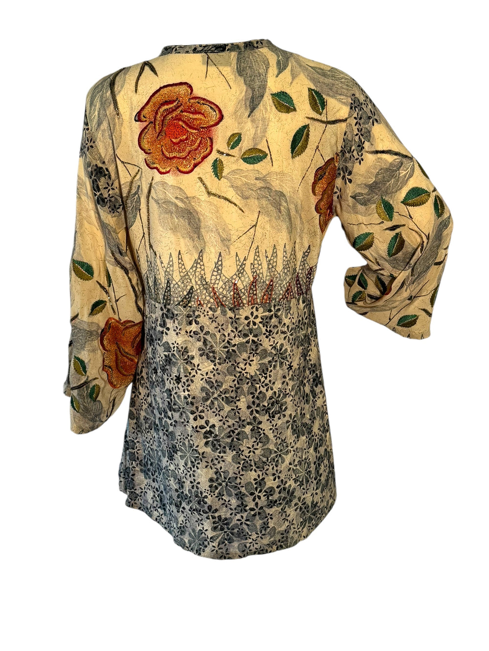 Back view short tie kimono jacket in vintage silk in tan with grey and large rust embroidered flower