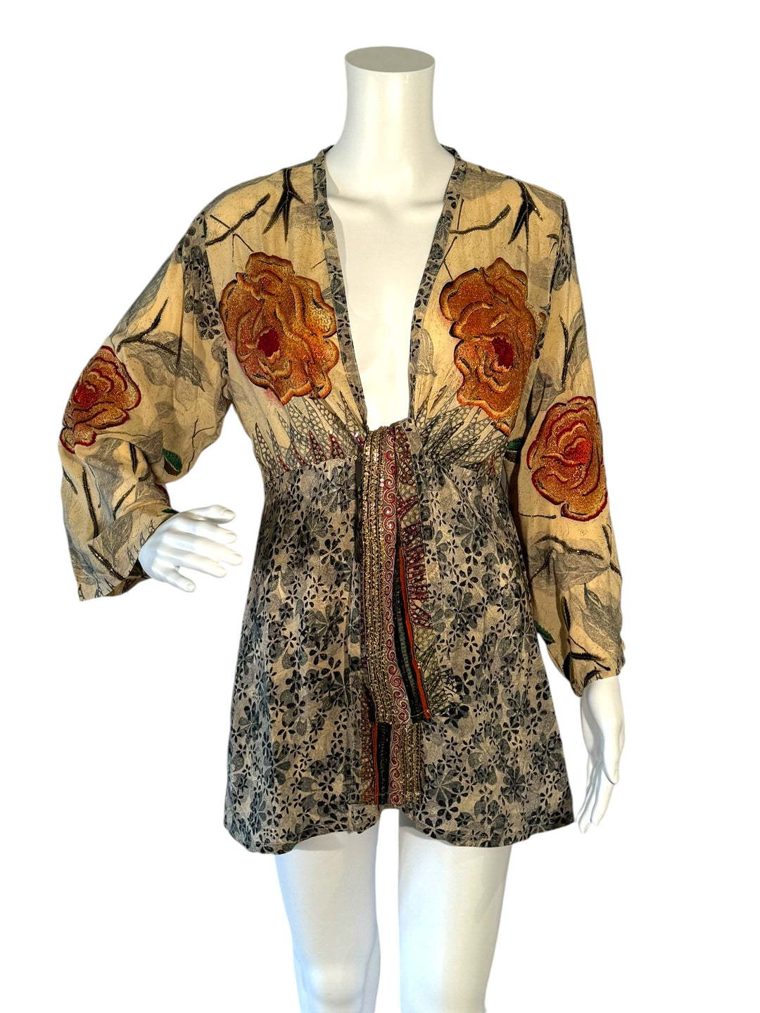 Front view short tie kimono jacket in vintage silk in tan with grey and rust and gold embroidery