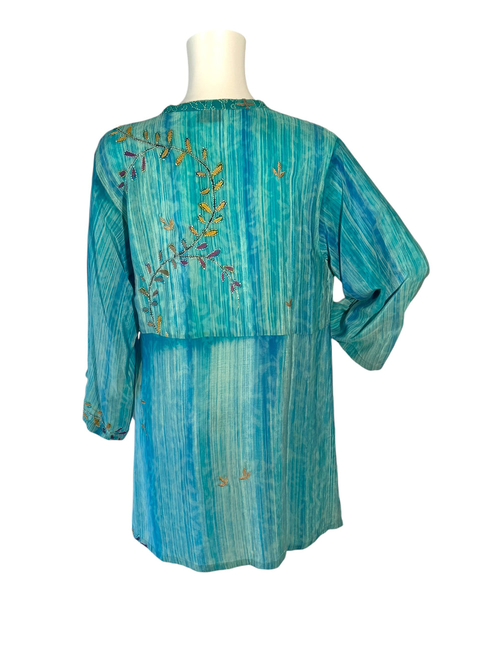 Back view short tie kimono jacket in vintage silk in blue with gold embroidery 