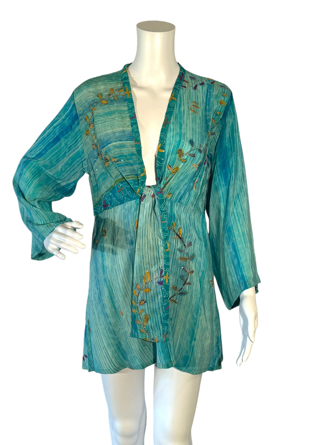 Front view short tie kimono jacket in vintage silk in blue with gold embroidery
