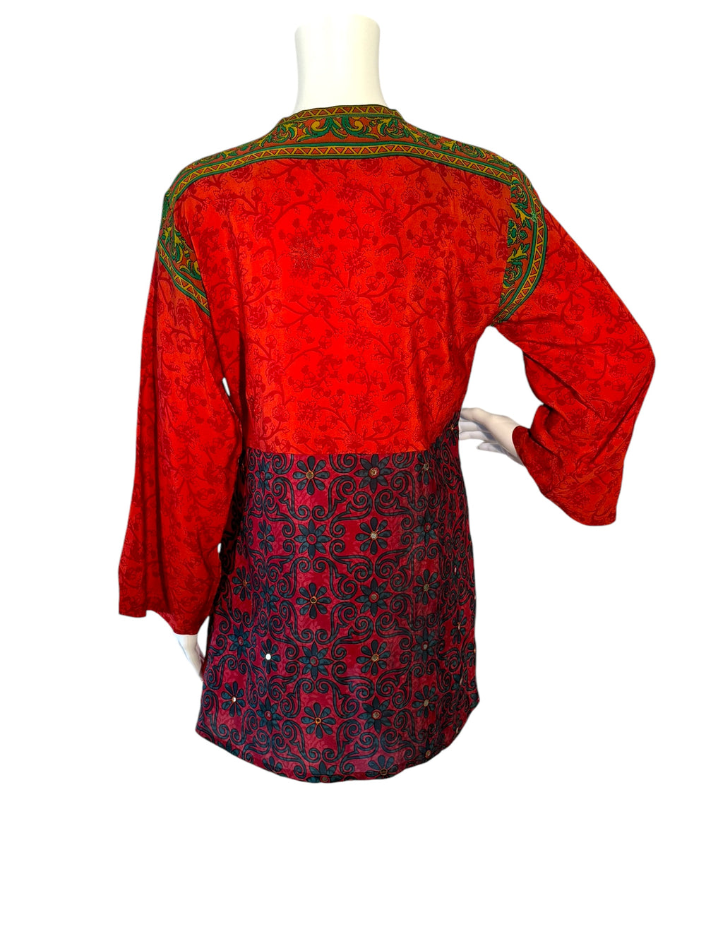 Back view short tie kimono jacket in vintage silk in red with green borders and dark print