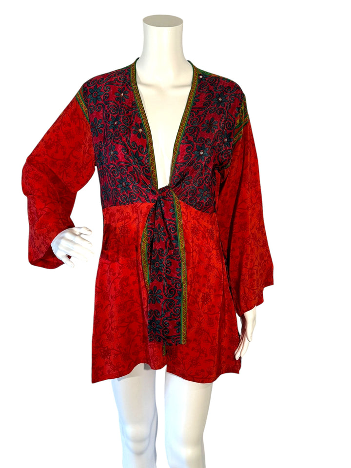 Front view short tie kimono jacket in vintage silk in red with dark print