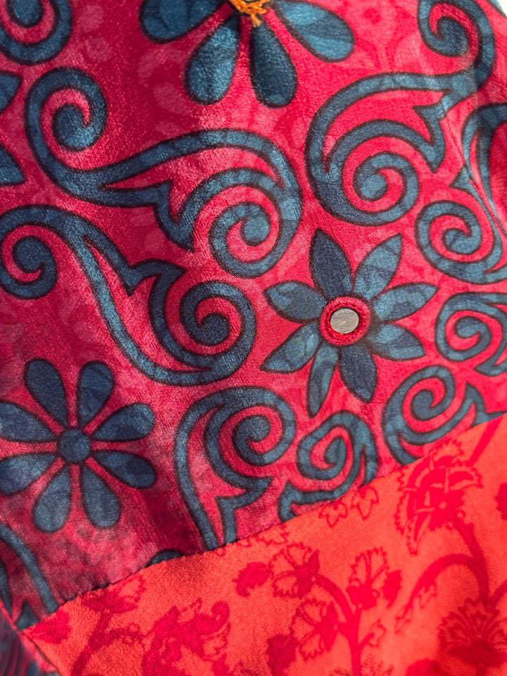 Red vintage silk with blue print and mirroring