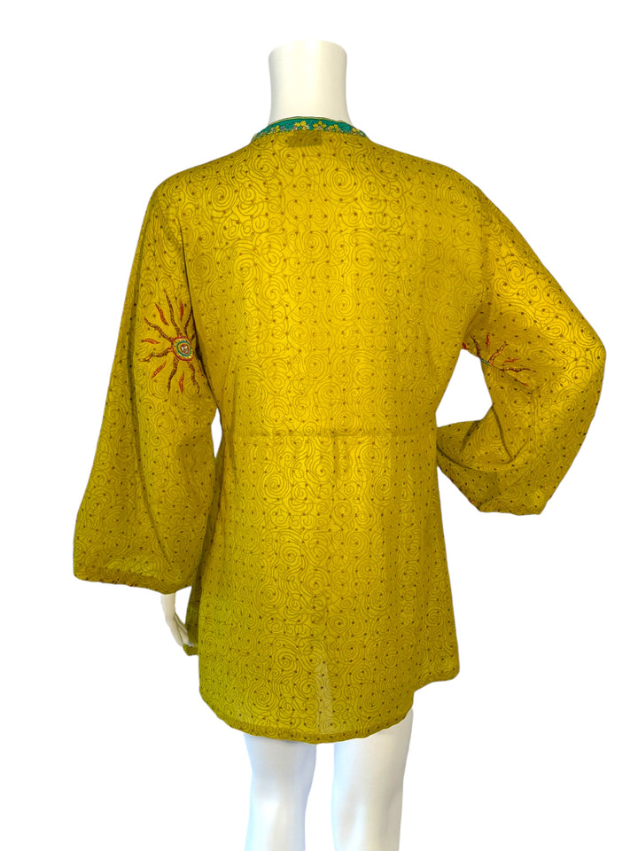 Back view short tie kimono jacket in vintage silk in yellow with embroidery
