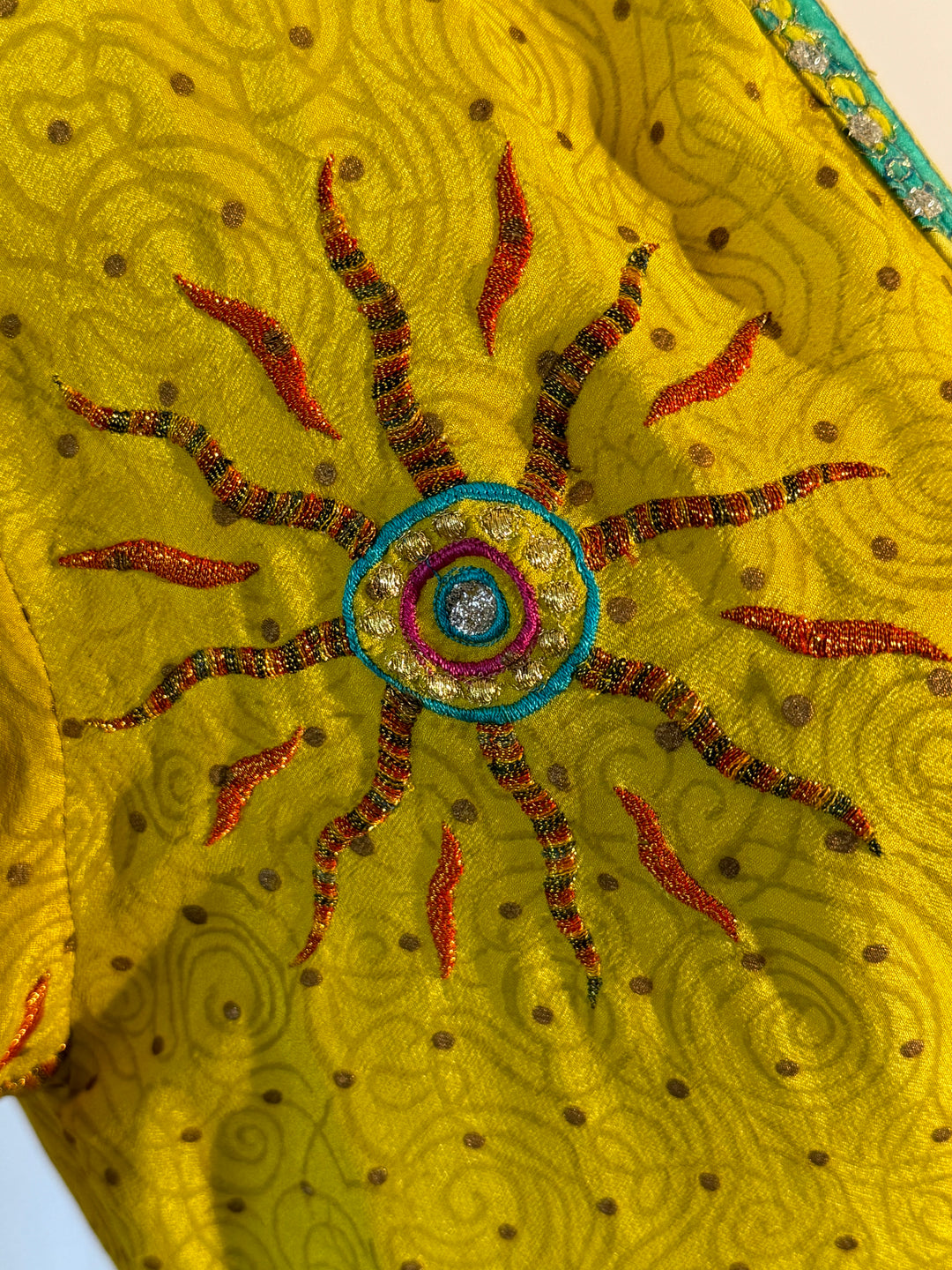 Yellow vintage silk with multi color embroidered sun