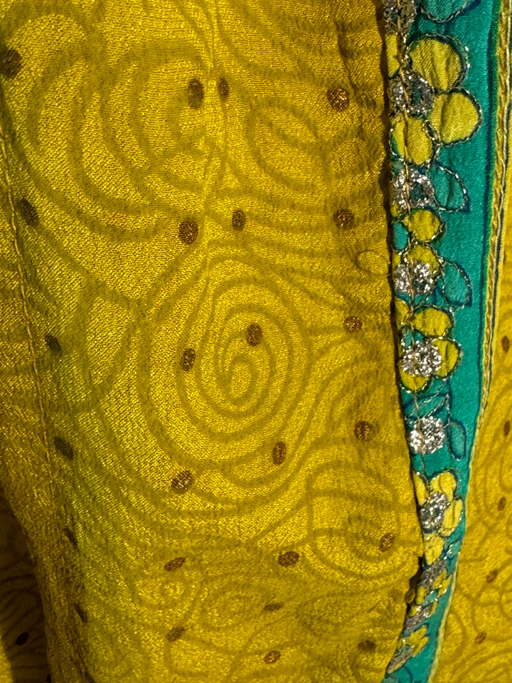 Yellow with gold dots vintage silk with blue green trim